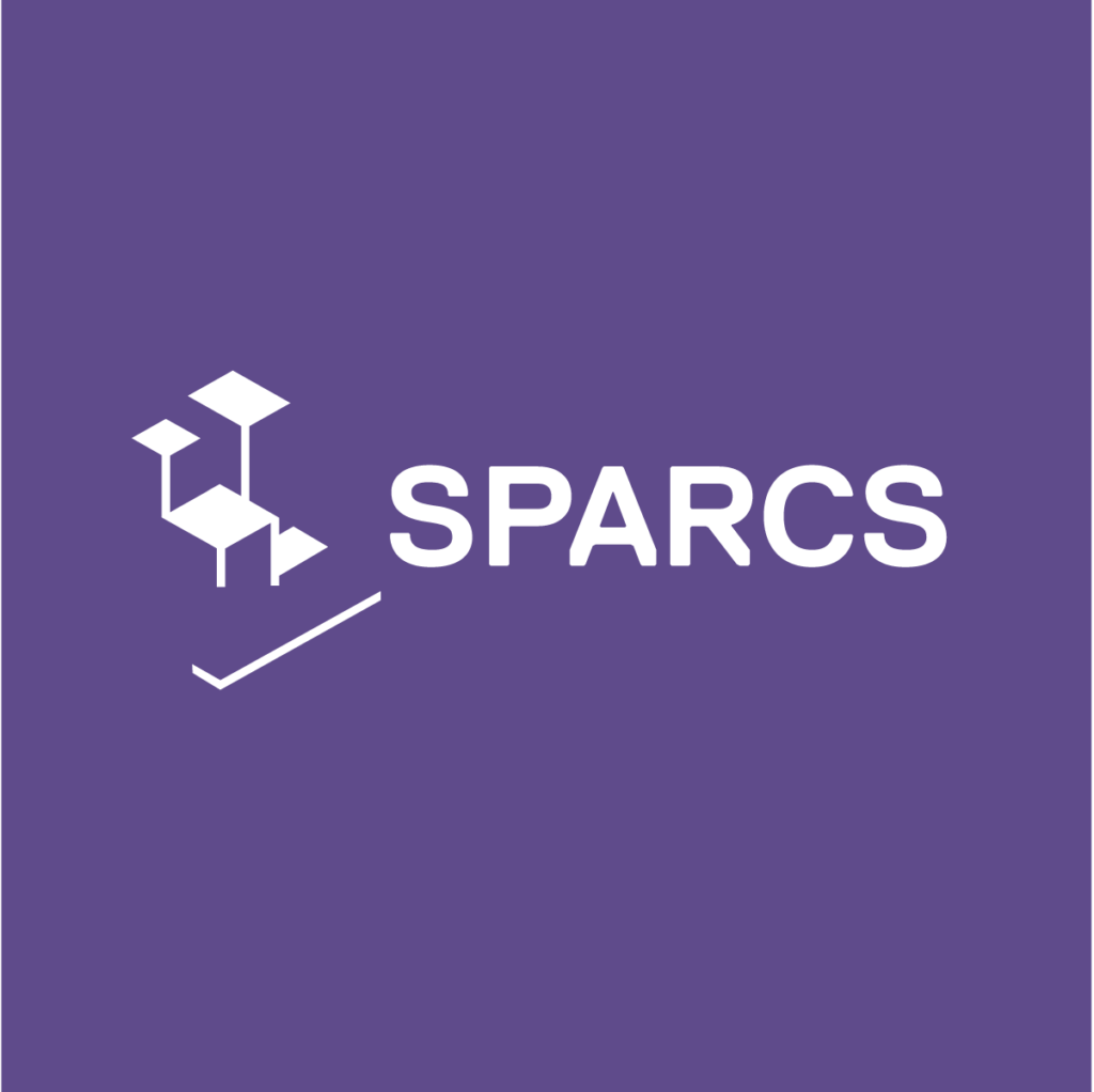SPARCS-Logo, weiße Schrift auf lila Hintergrund
