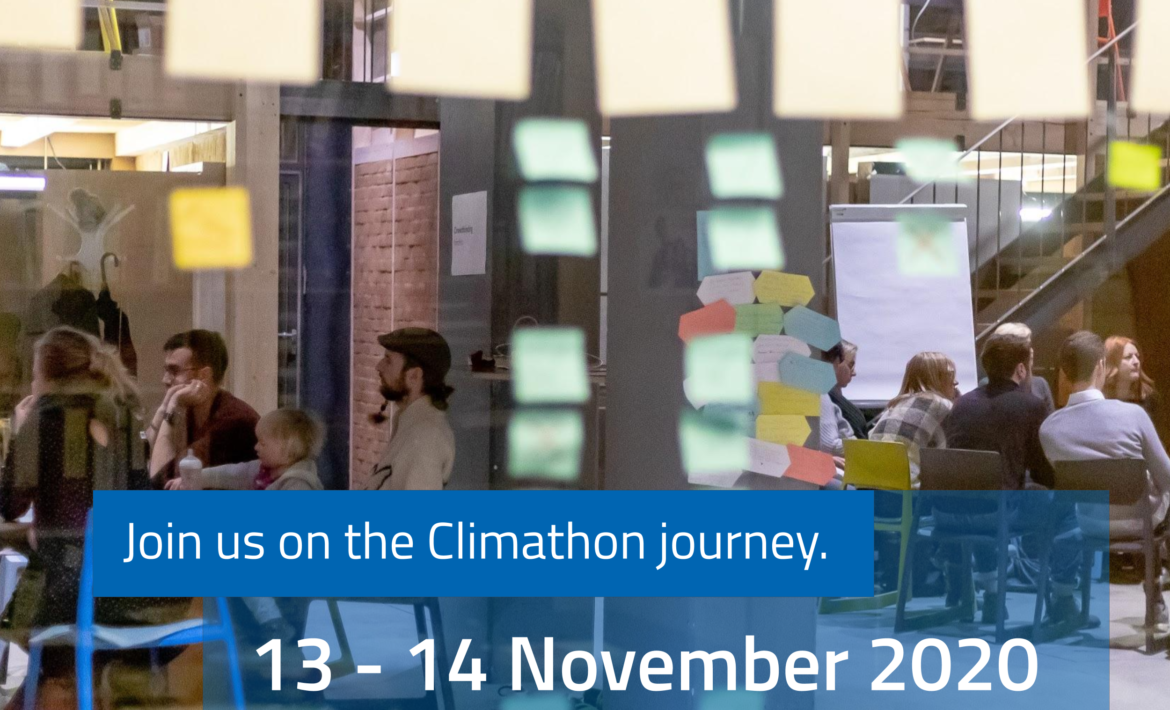 Foto von zusammensitzenden Menschen, post its auf einer Glaswand im Vordergrund, Aufschrift: Join us on the Climathon journey. 13.-14. November 2020