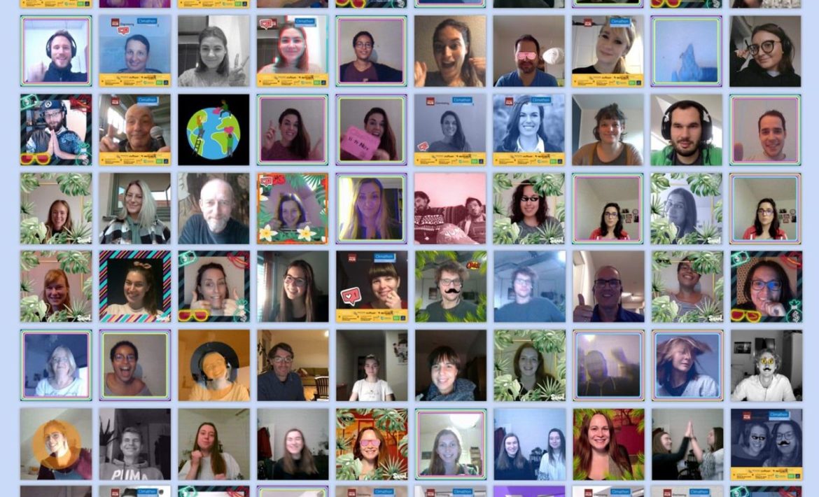 90 Fotos von Menschen vor ihrem Bildschirm bei Videokonferenzen, Bildüberschrift: CLIMATHON 2020