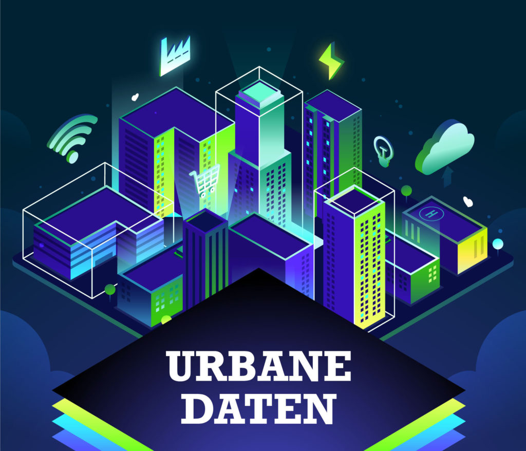 Neonblau- und grüne Gebäude mit Wlan-Symbol, Stromblitz-Symbol und weiteren Symbolen, im Vordergrund der Titel "Urbane Daten"