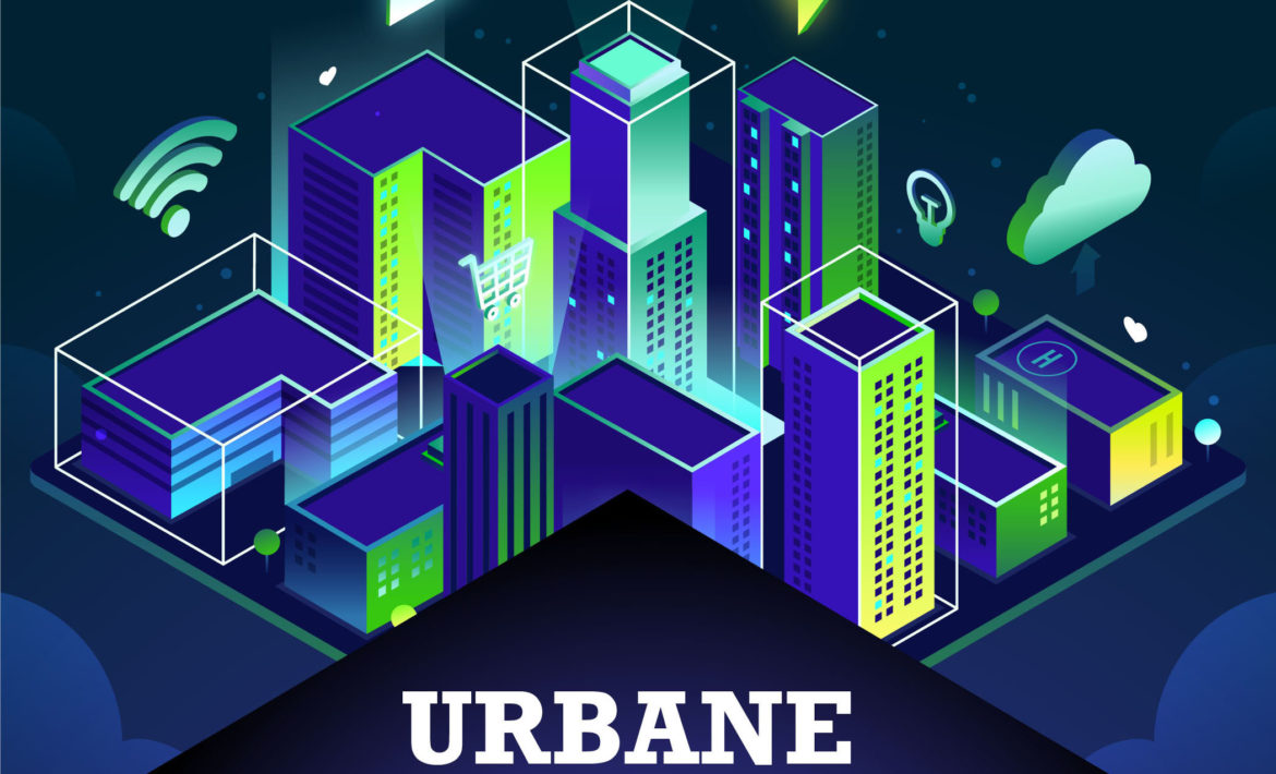Neonblau- und grüne Gebäude mit Wlan-Symbol, Stromblitz-Symbol und weiteren Symbolen, im Vordergrund der Titel "Urbane Daten"