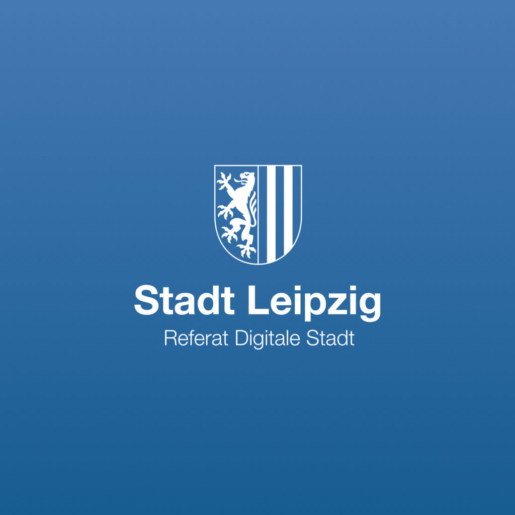 Blauer Hintergrund, weißes Stadtwappen der Stadt Leipzig, Schriftzug "Referat Digitale Stadt"